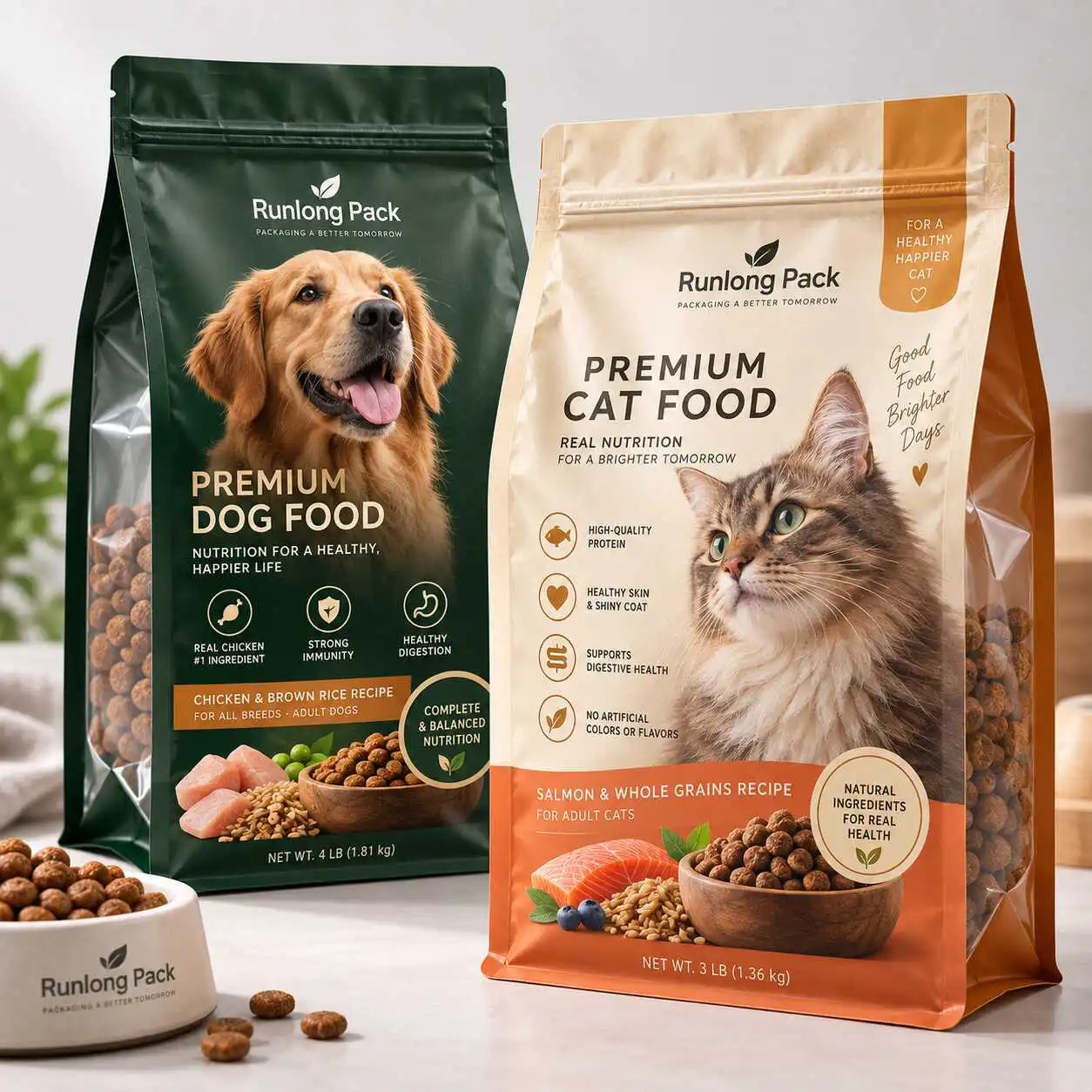 Custom flat bottom pet food pouch for dog food treats and premium pet product packaging