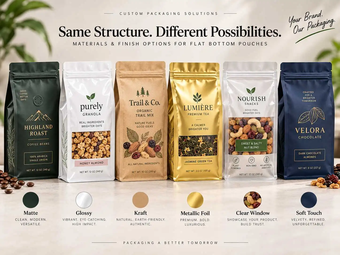 Flat bottom pouch material structures and printing finish options for custom flexible packaging