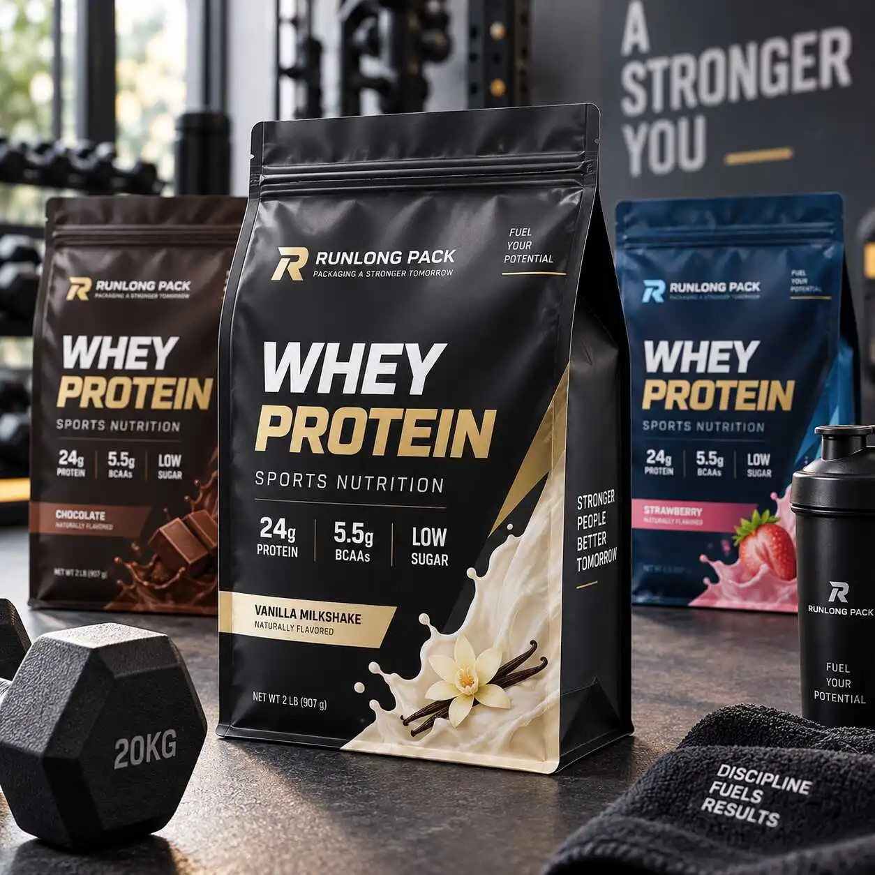 Custom flat bottom pouch for protein powder sports nutrition and supplement powder packaging