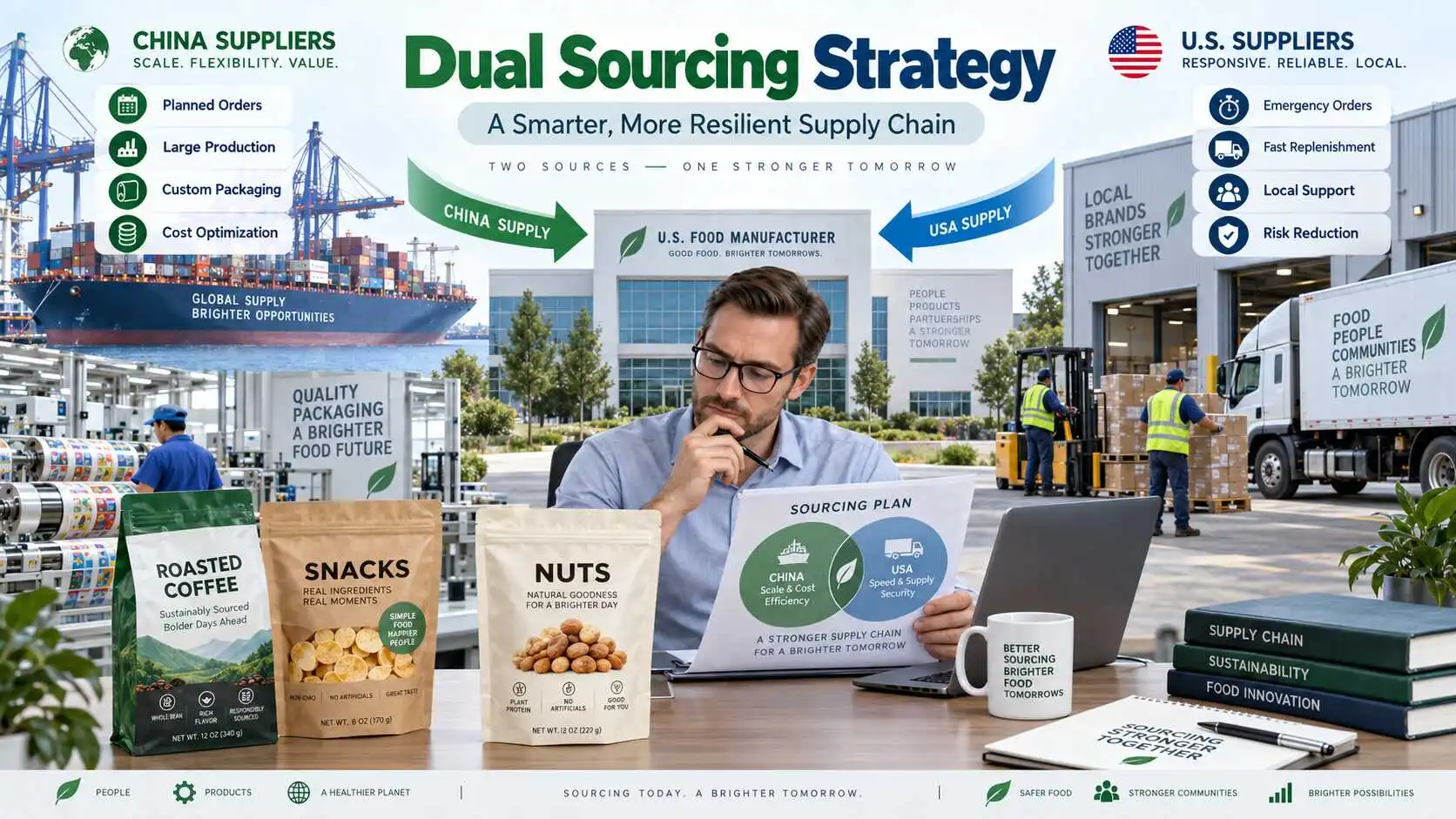 Flexible packaging dual-sourcing concept connecting a U.S. food manufacturer with China and U.S. supply options