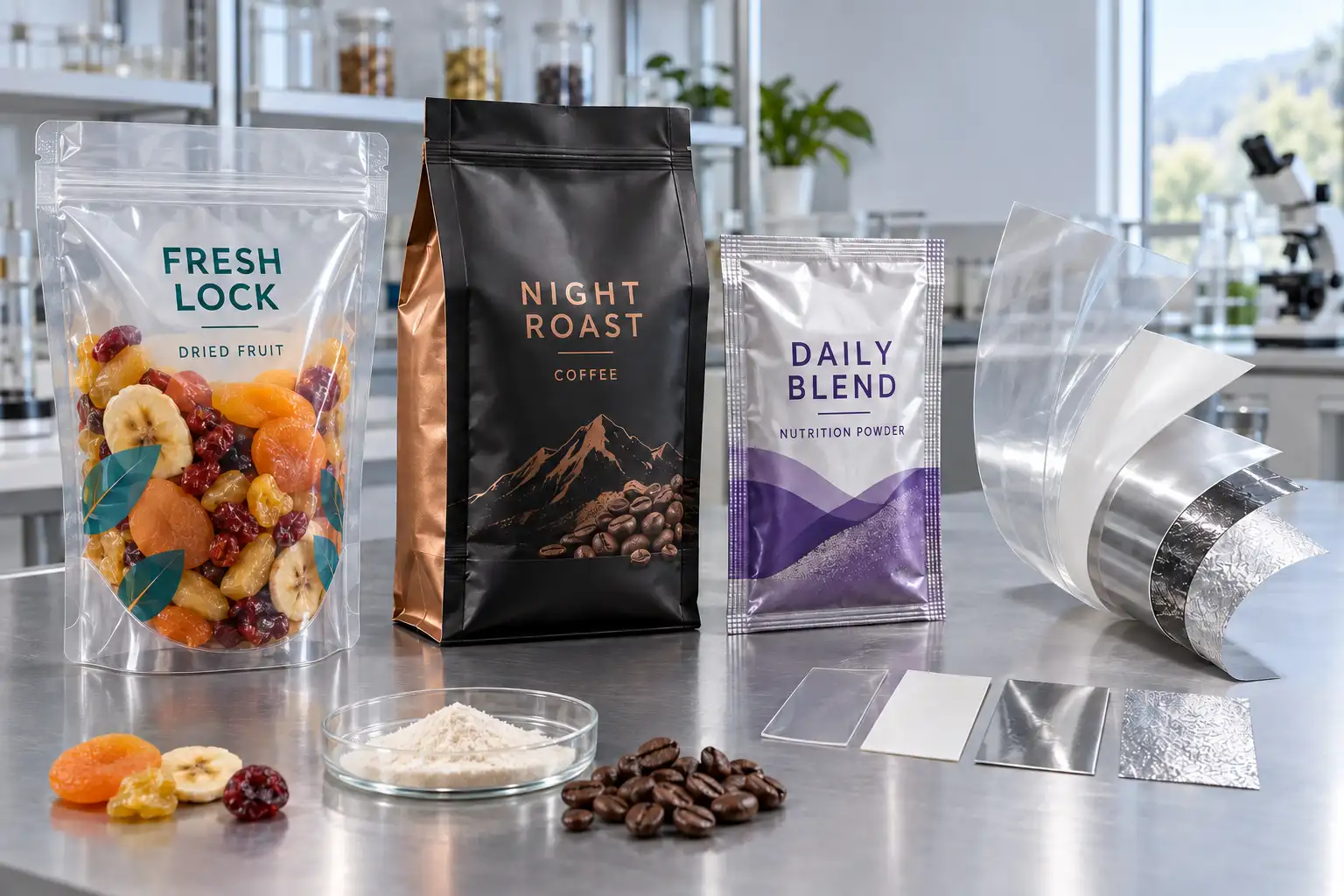 Transparent, foil and metallized flexible packaging with layered barrier film samples