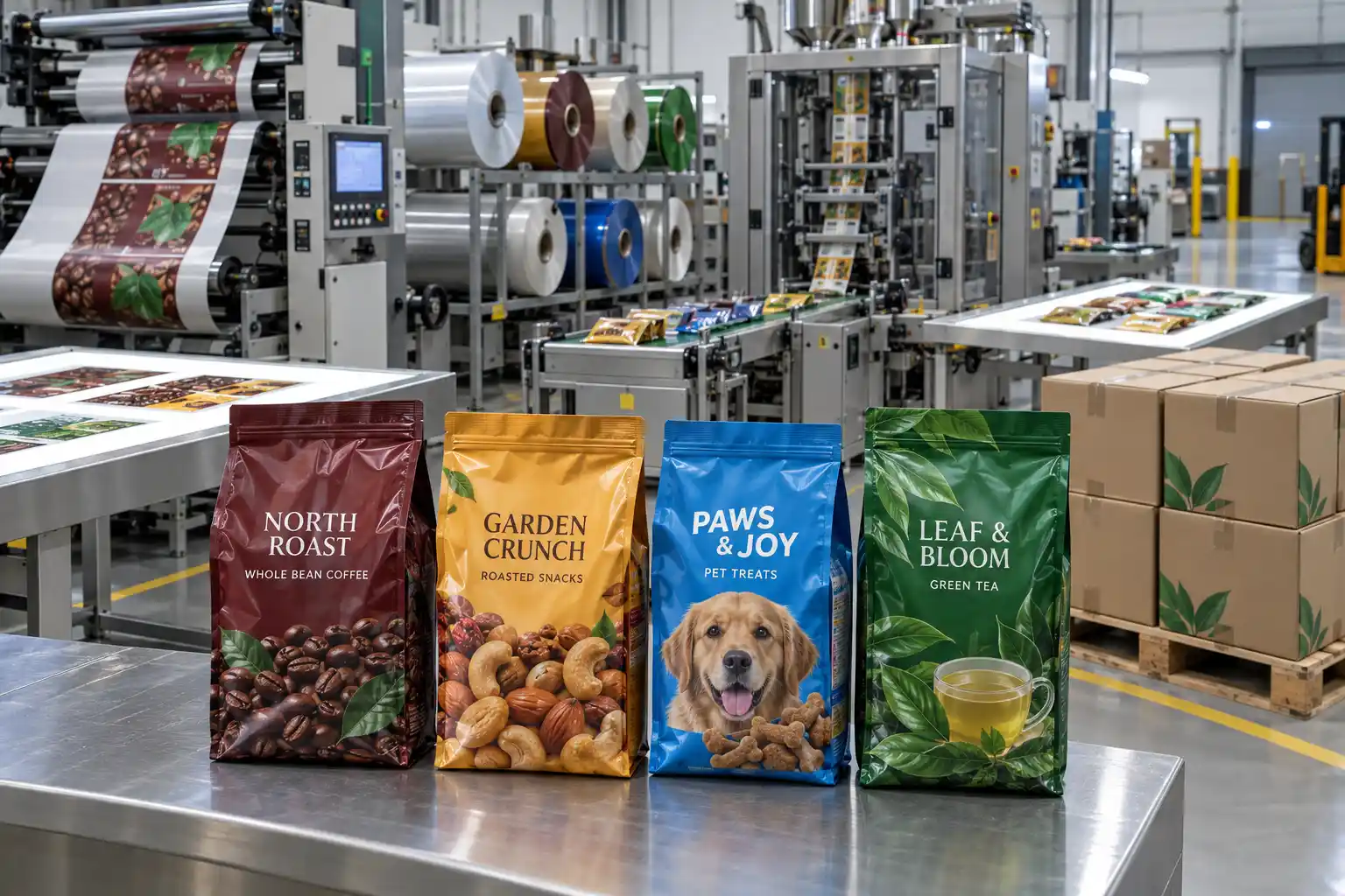 Printed flexible pouches moving from rollstock production to packing and shipment