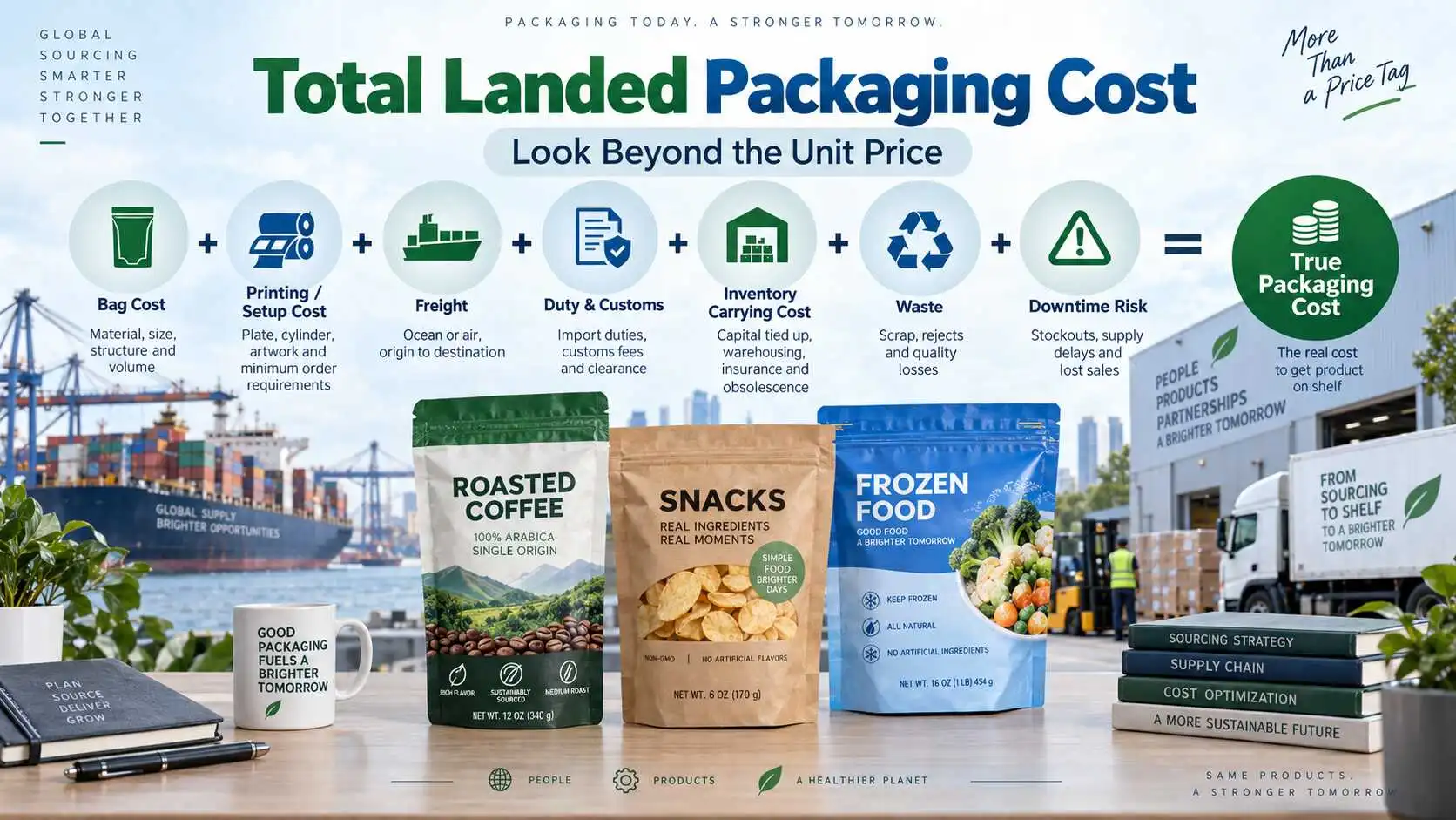 Flexible packaging landed-cost diagram showing bag, setup, freight, duties, inventory, waste and downtime risk