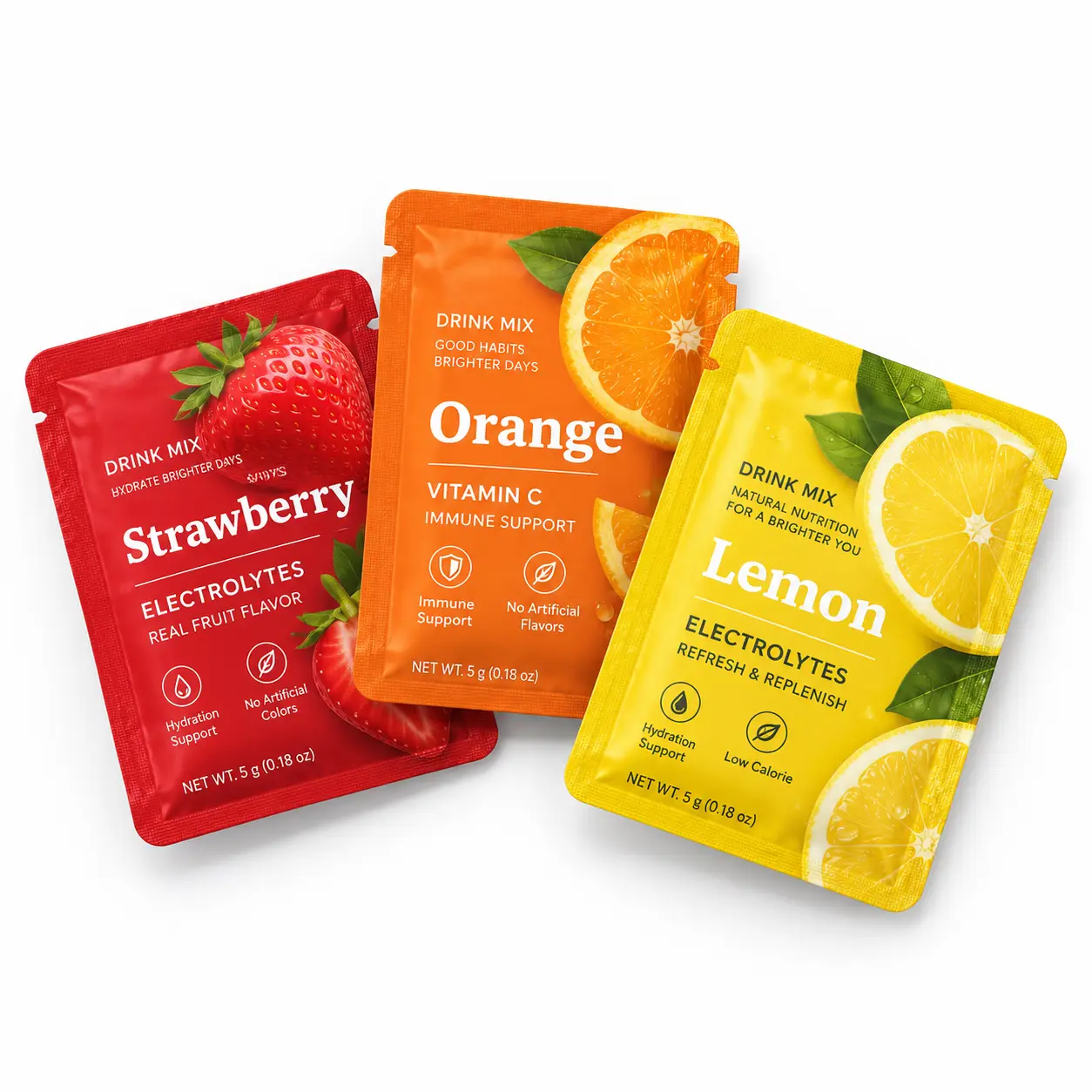 Fruit drink mix sachets in strawberry, orange and lemon flavors