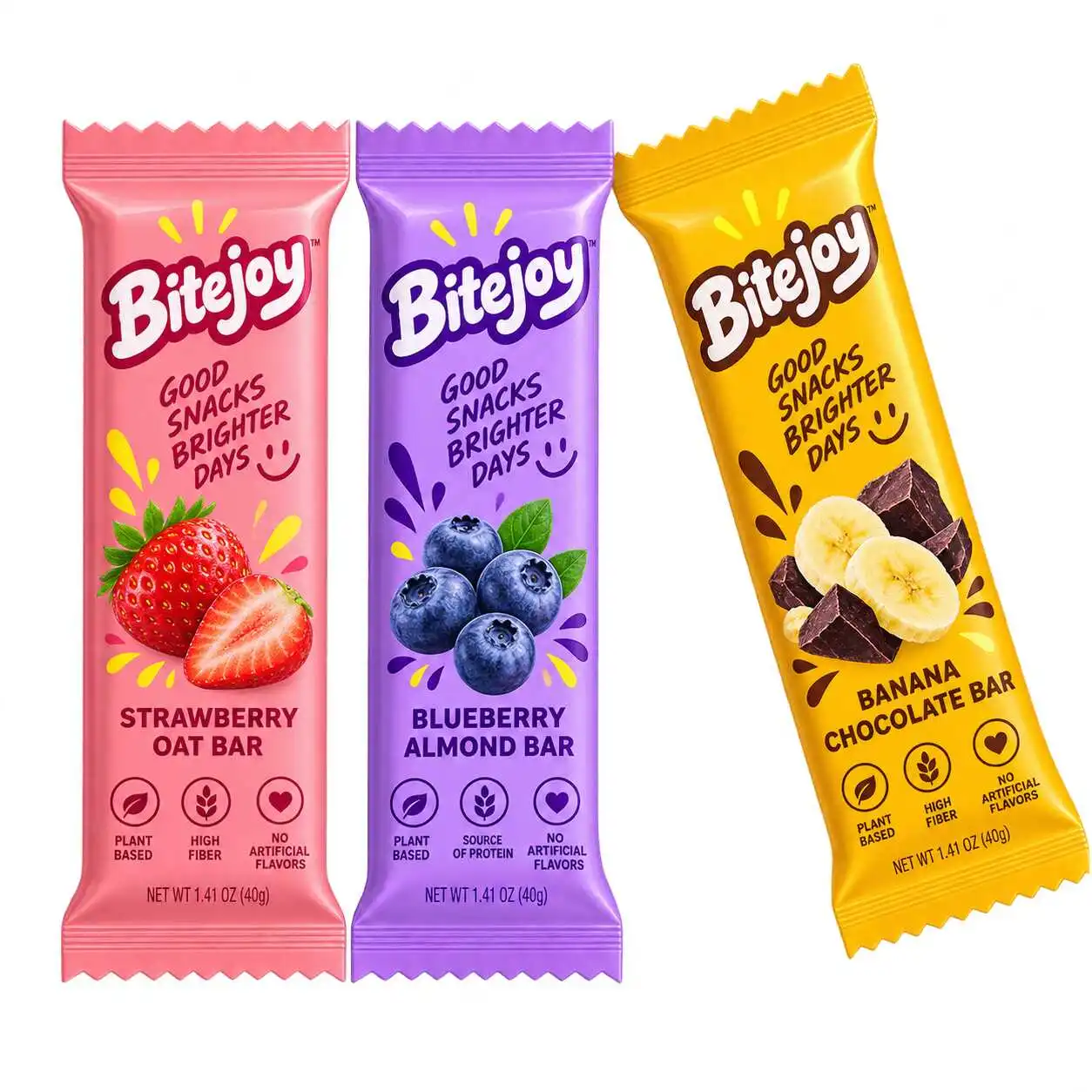 Printed snack bar wrappers in multiple fruit flavors