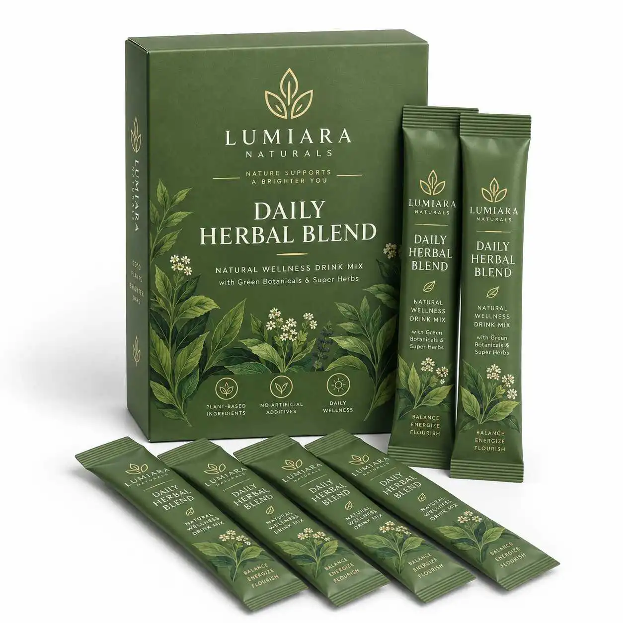 Printed herbal drink stick packs displayed with a matching retail carton