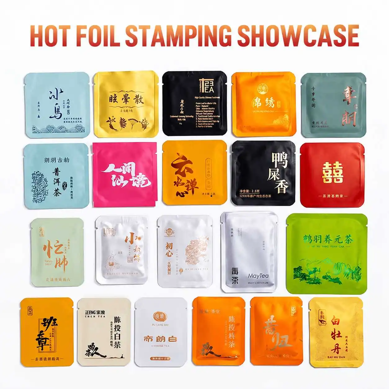 Hot foil stamping showcase with custom tea sachet pouches featuring metallic decorative printing effects