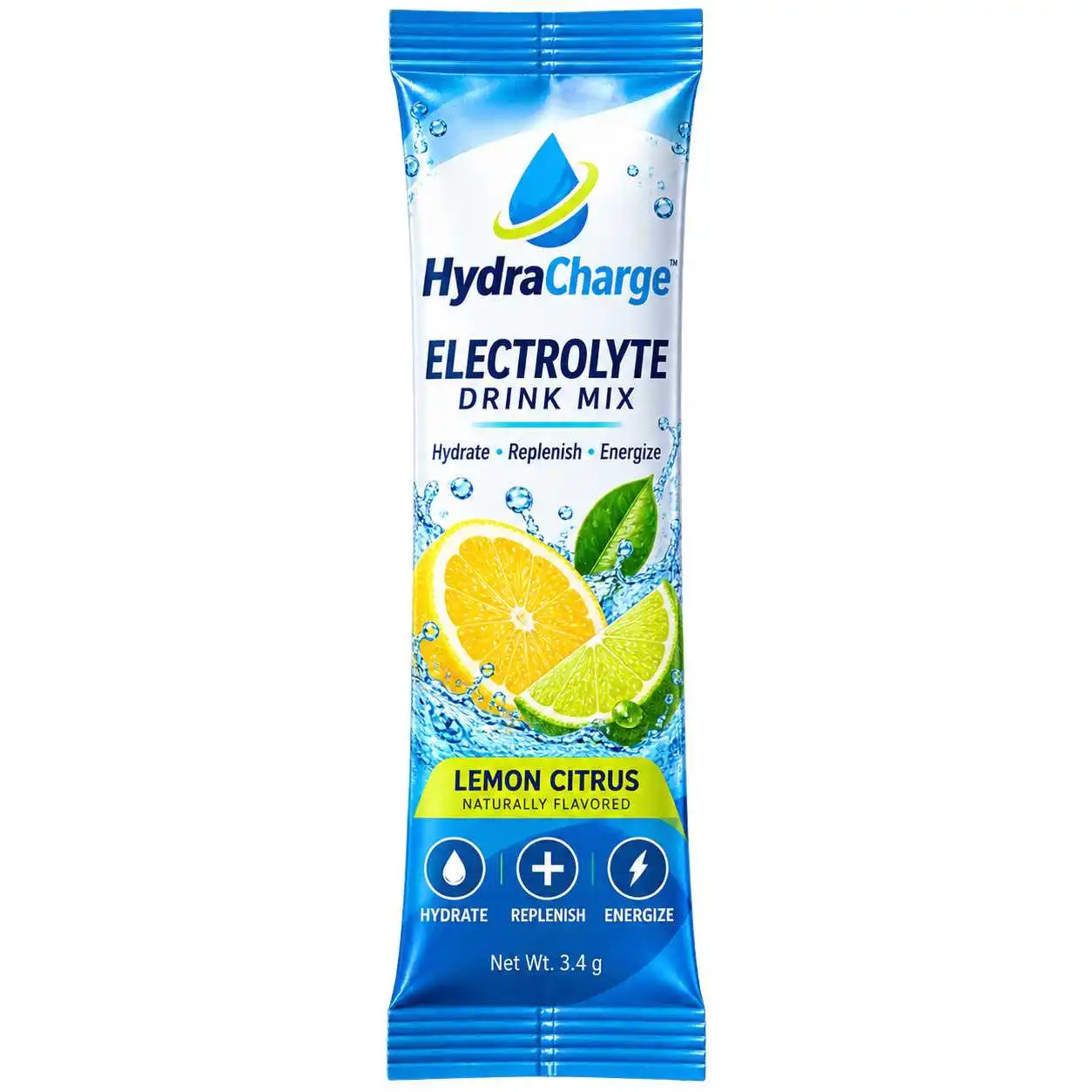 Custom electrolyte drink mix stick pack with lemon citrus flavor