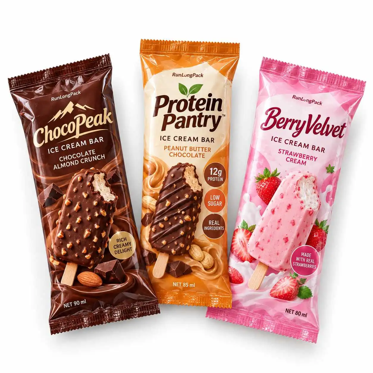 Chocolate, peanut butter and strawberry ice cream bar artwork concepts in brown, orange and pink
