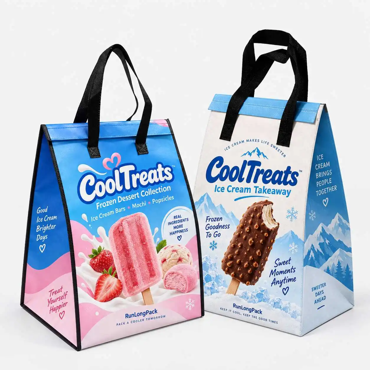 Blue and pink insulated delivery bag concepts with black handles and flap closures