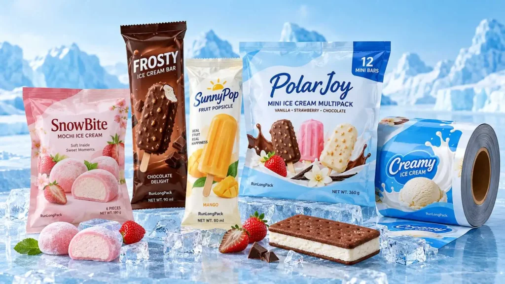 Custom ice cream packaging concepts with mochi pouches, multipack bags and printed rollstock film