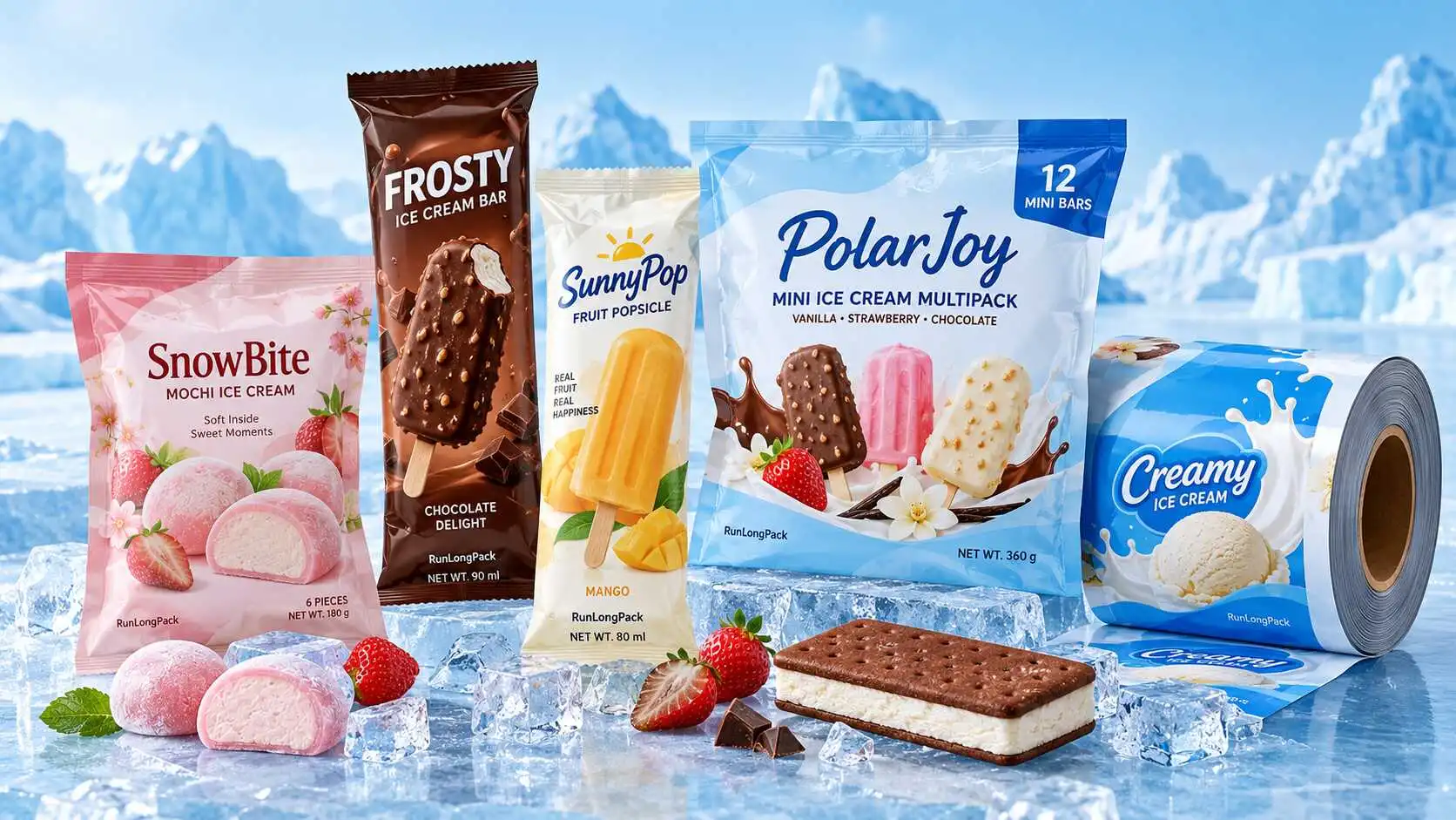 Custom ice cream packaging concepts with mochi pouches, multipack bags and printed rollstock film