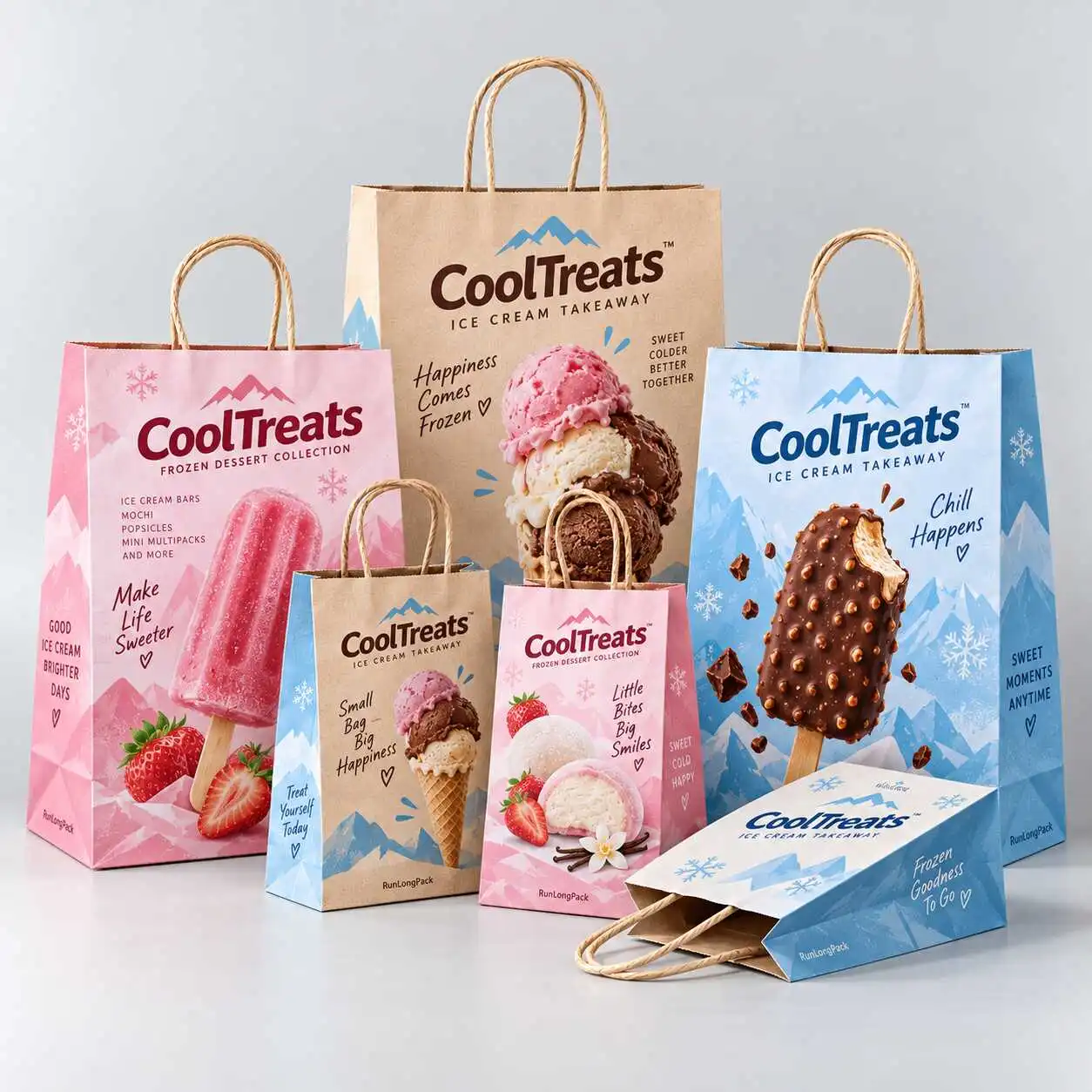 Printed paper carry bag concepts in kraft, pink and blue with twisted paper handles