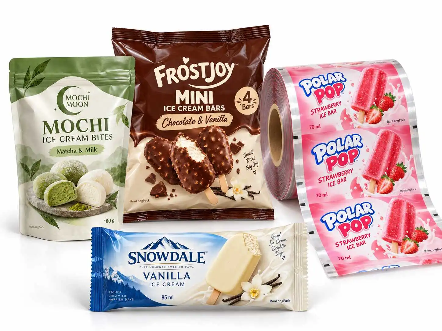 Concept display of a mochi pouch, ice cream multipack bag and printed popsicle film roll