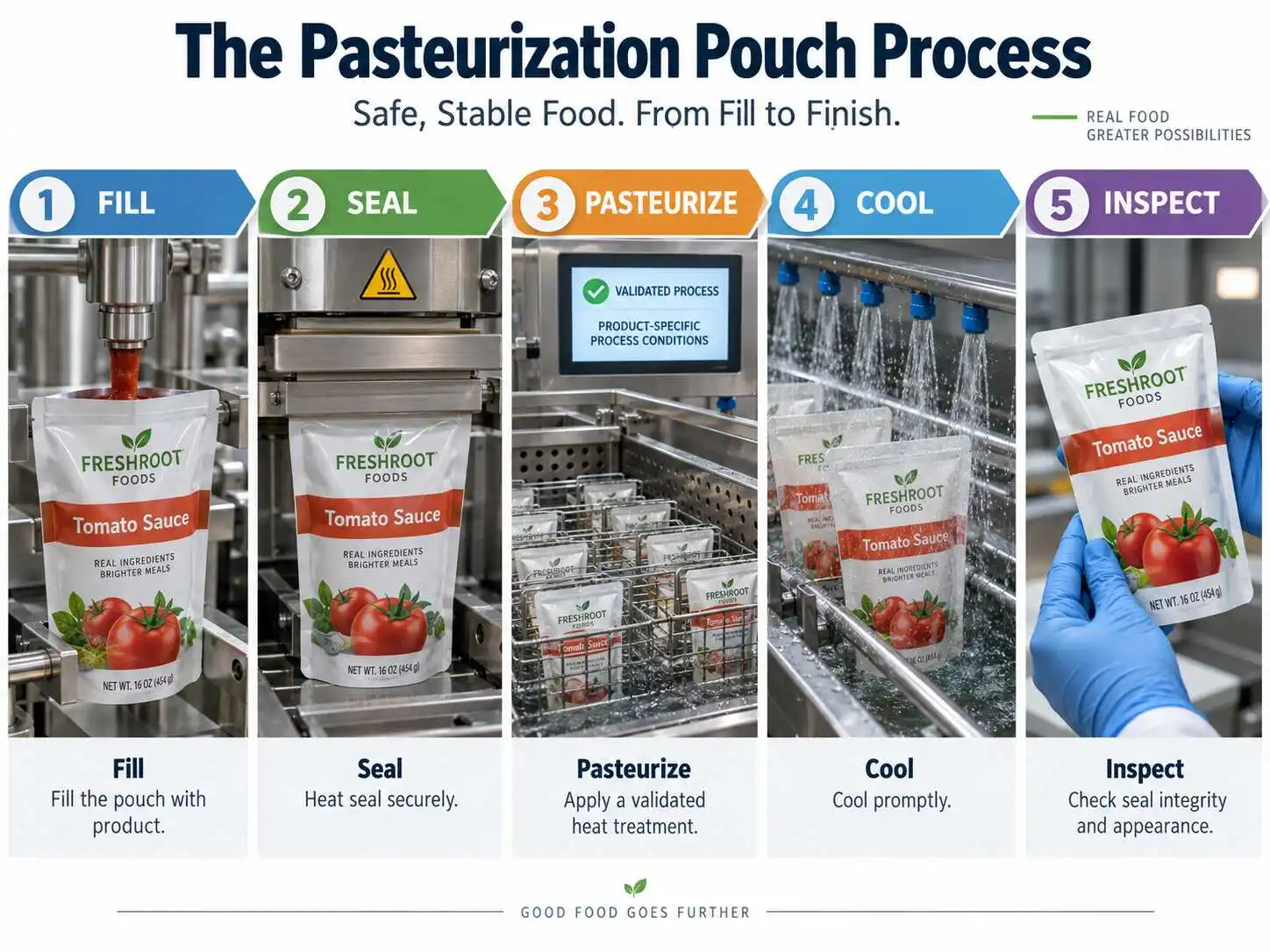Illustrative in-pack pouch process showing fill, seal, pasteurize, cool and inspect steps