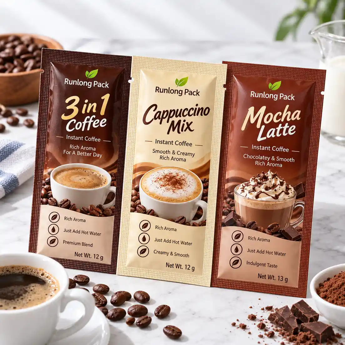 Instant coffee sachets for 3 in 1 coffee, cappuccino and mocha