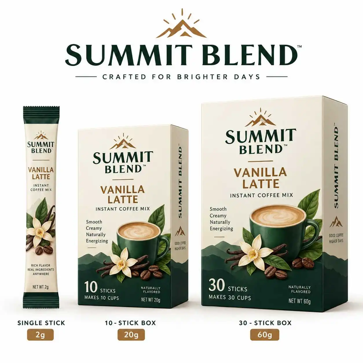 Instant coffee stick pack packaging with matching retail box and size options