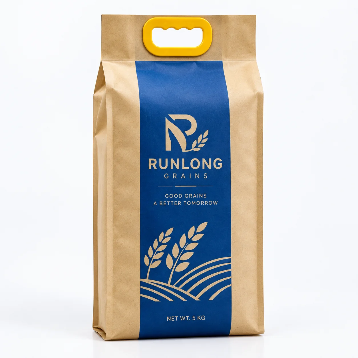 Kraft-style side gusset grain bag with blue printed panel and integrated carry handle