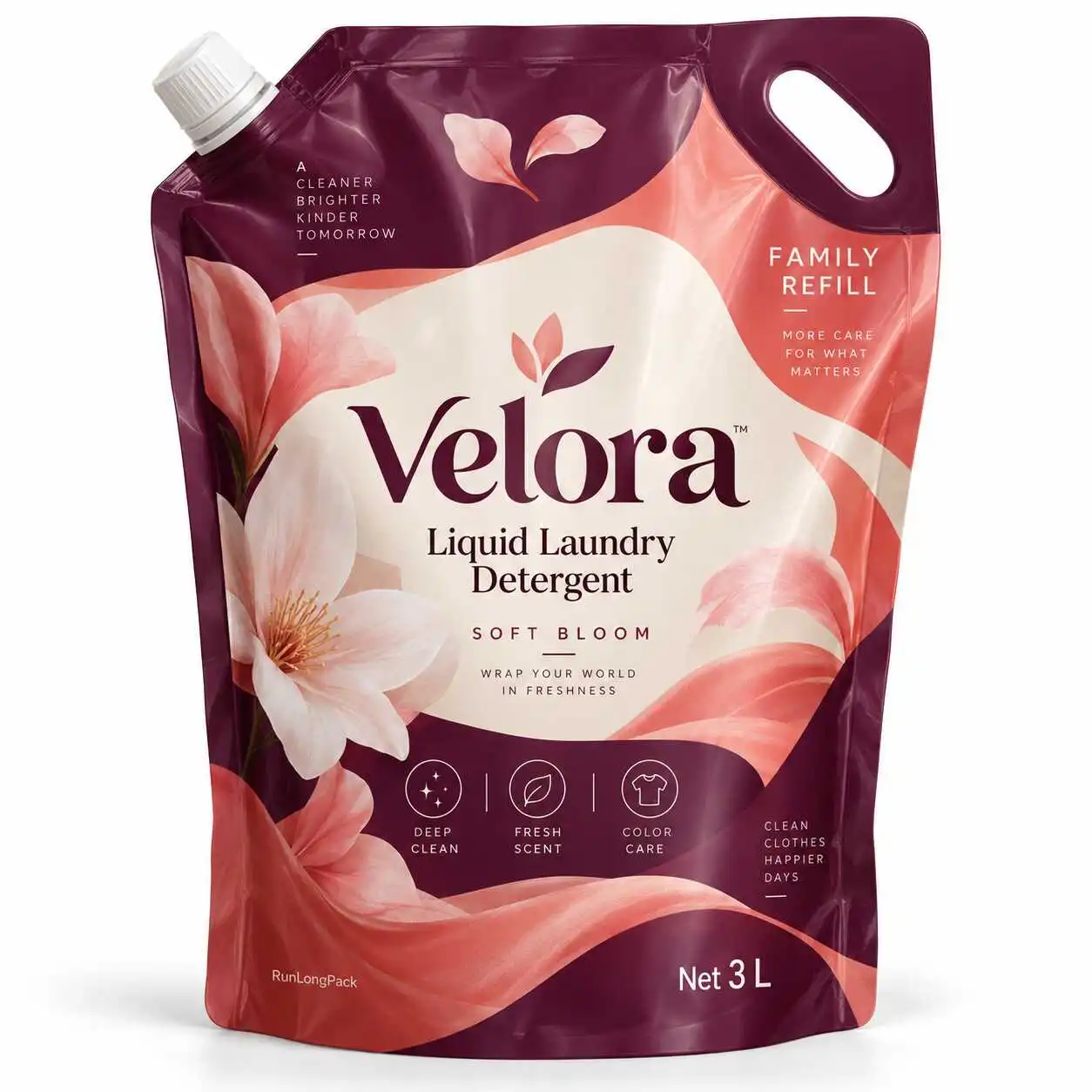 Burgundy and coral floral detergent pouch concept with a die-cut carry handle and white corner cap