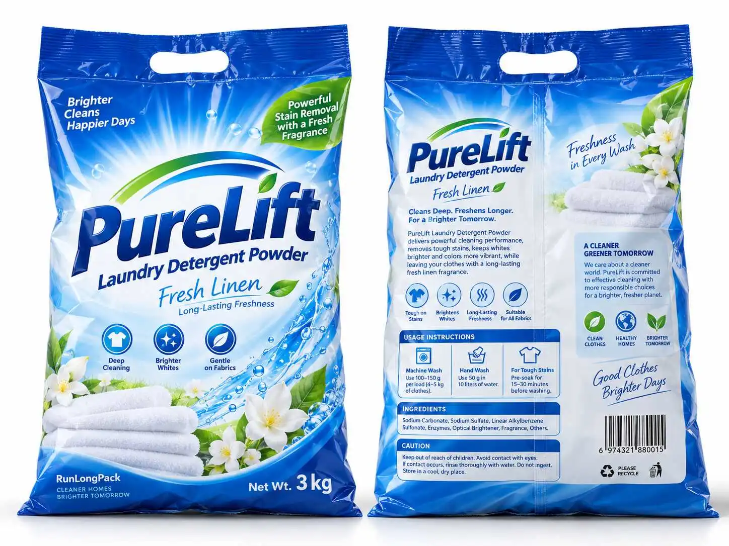 Front and back of a blue laundry powder bag concept with a die-cut carry handle and visible vertical back seal