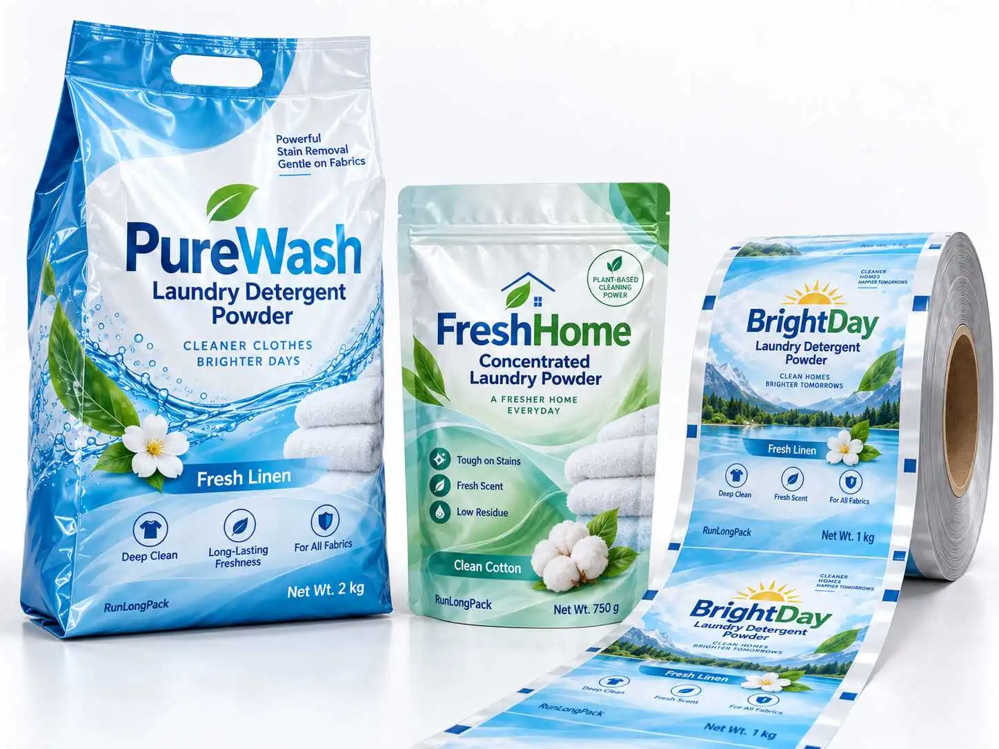 Custom laundry detergent powder packaging concept with a carry-handle bag, green zipper pouch and printed film roll
