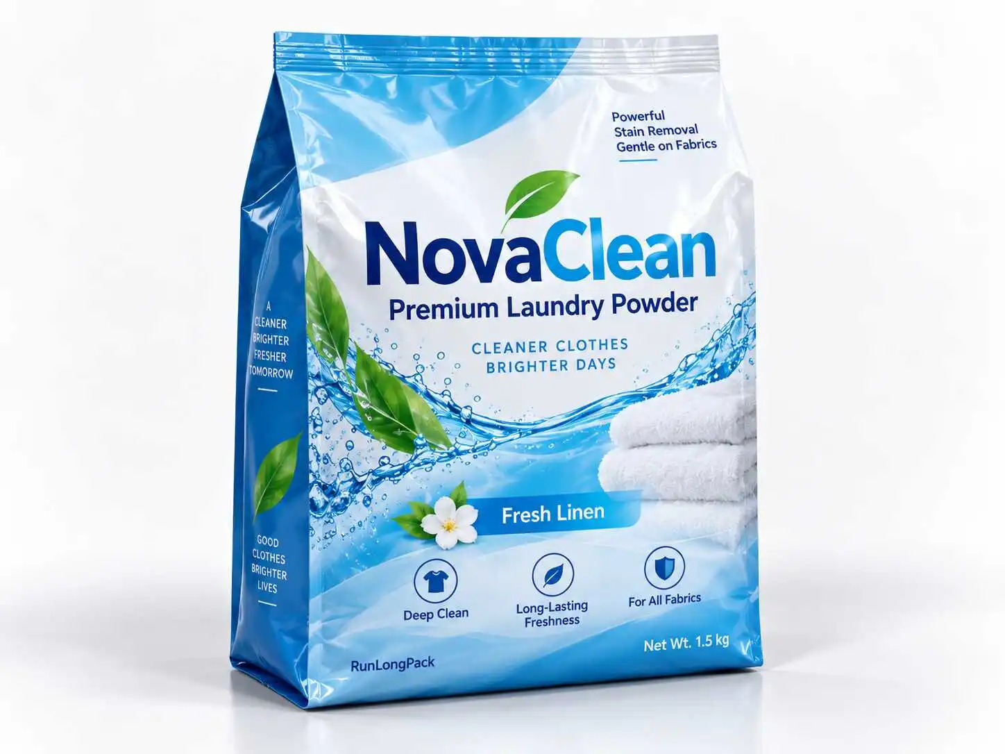 Blue and white laundry powder pouch concept with a flat base and side panels