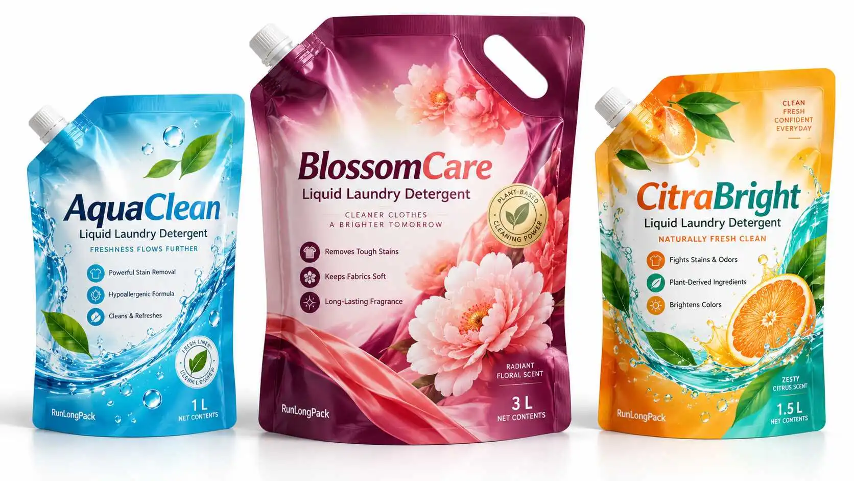 Custom liquid laundry detergent packaging concepts with blue and orange spout pouches and a burgundy carry-handle pouch