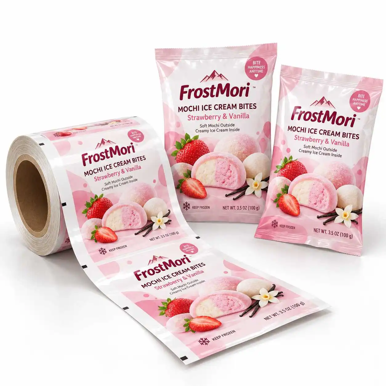 Pink mochi ice cream packaging concepts with printed film and finished-pack illustrations