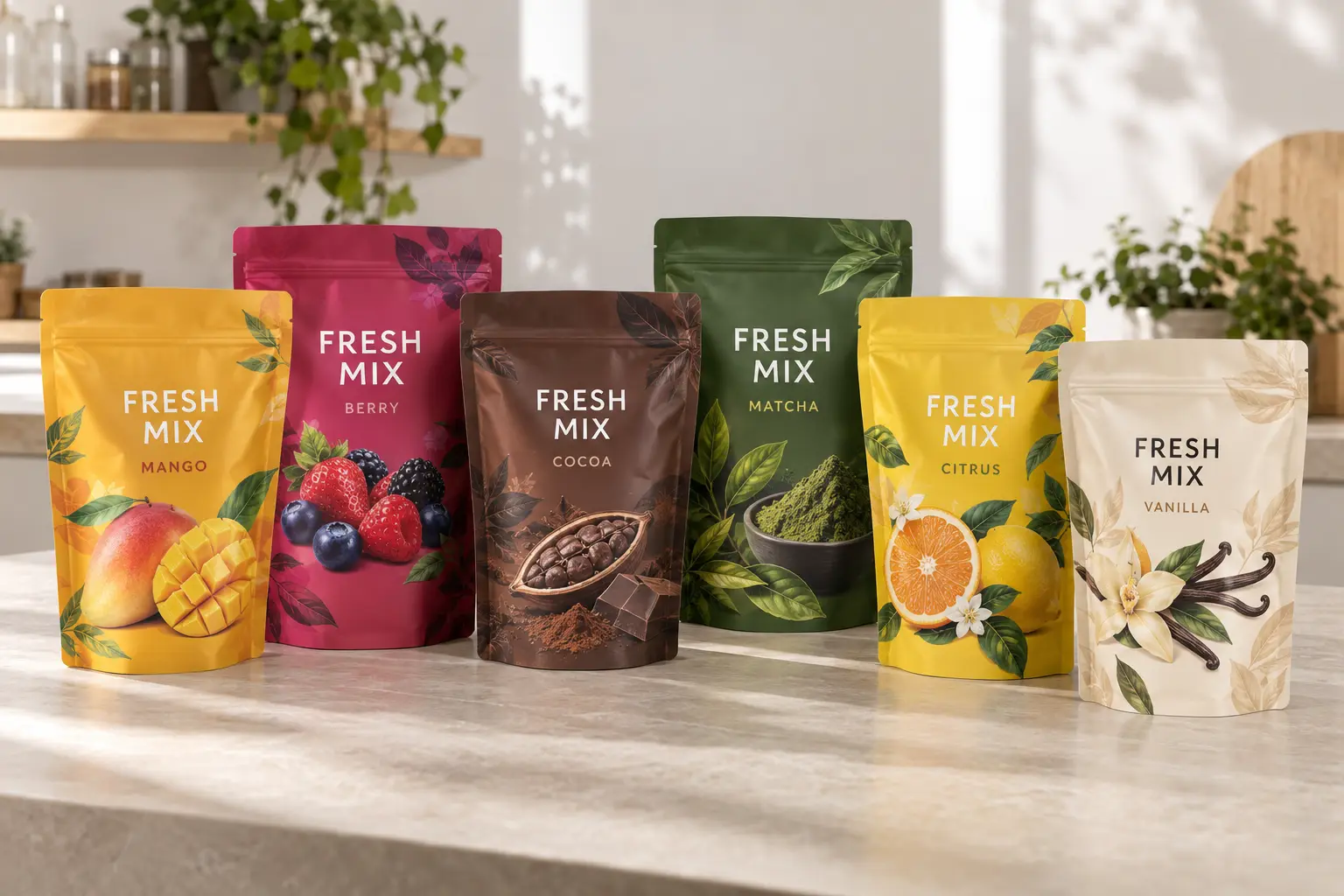 Six colorful Fresh Mix pouch designs showing multi-SKU flexible packaging