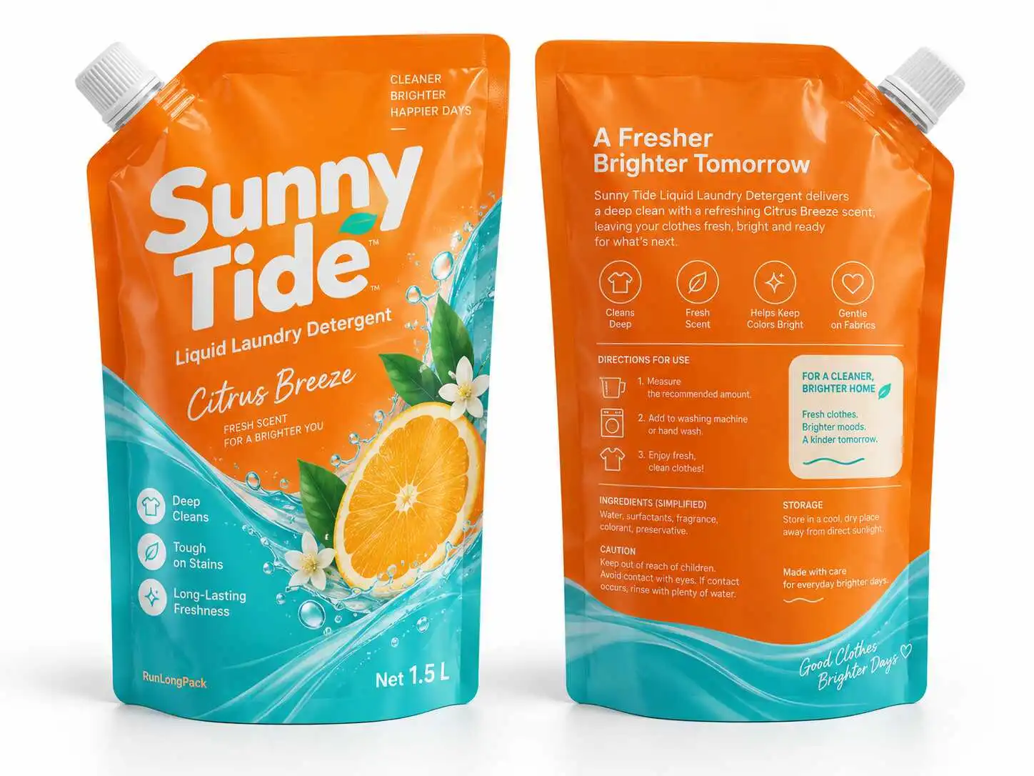 Orange detergent refill pouch concept shown from front and back with turquoise accents and a white corner cap