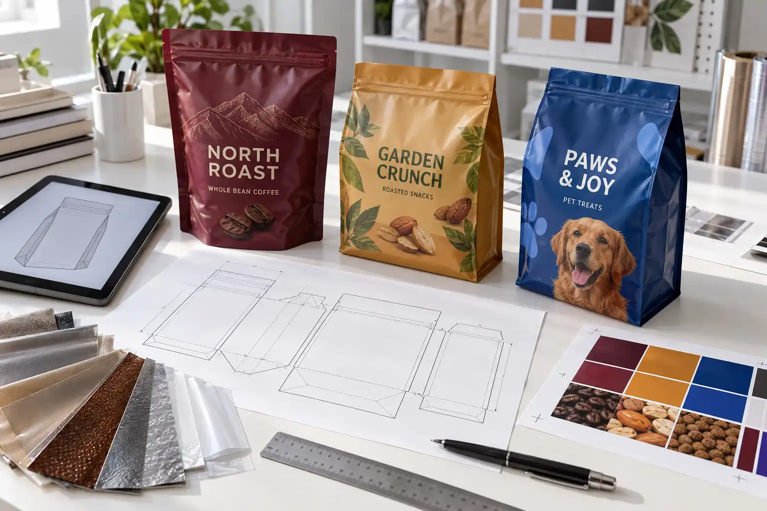 Printed coffee, snack and pet food pouches with dielines and material samples