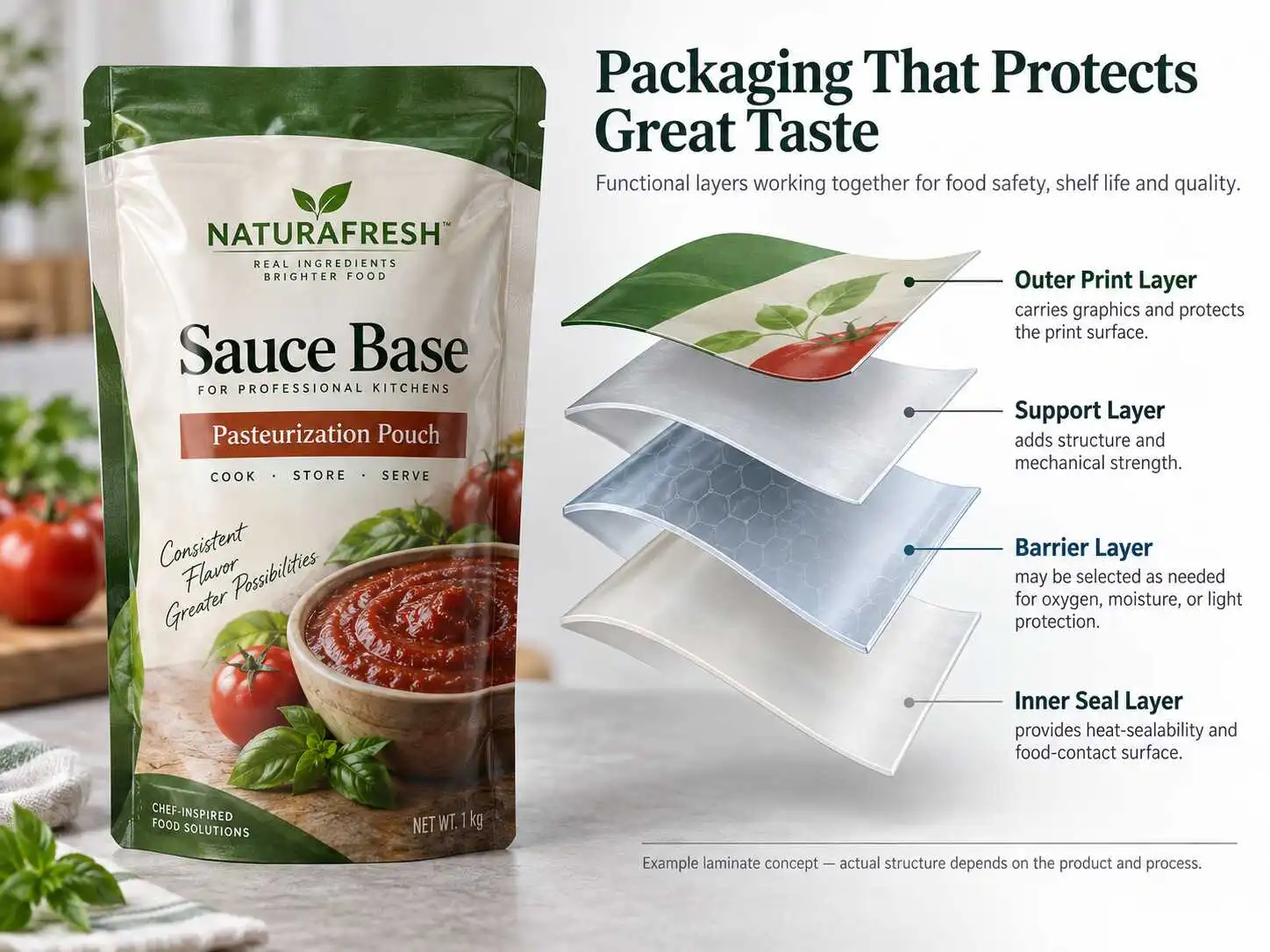 Exploded pouch laminate illustration labeling print, support, optional barrier and inner heat-seal layers