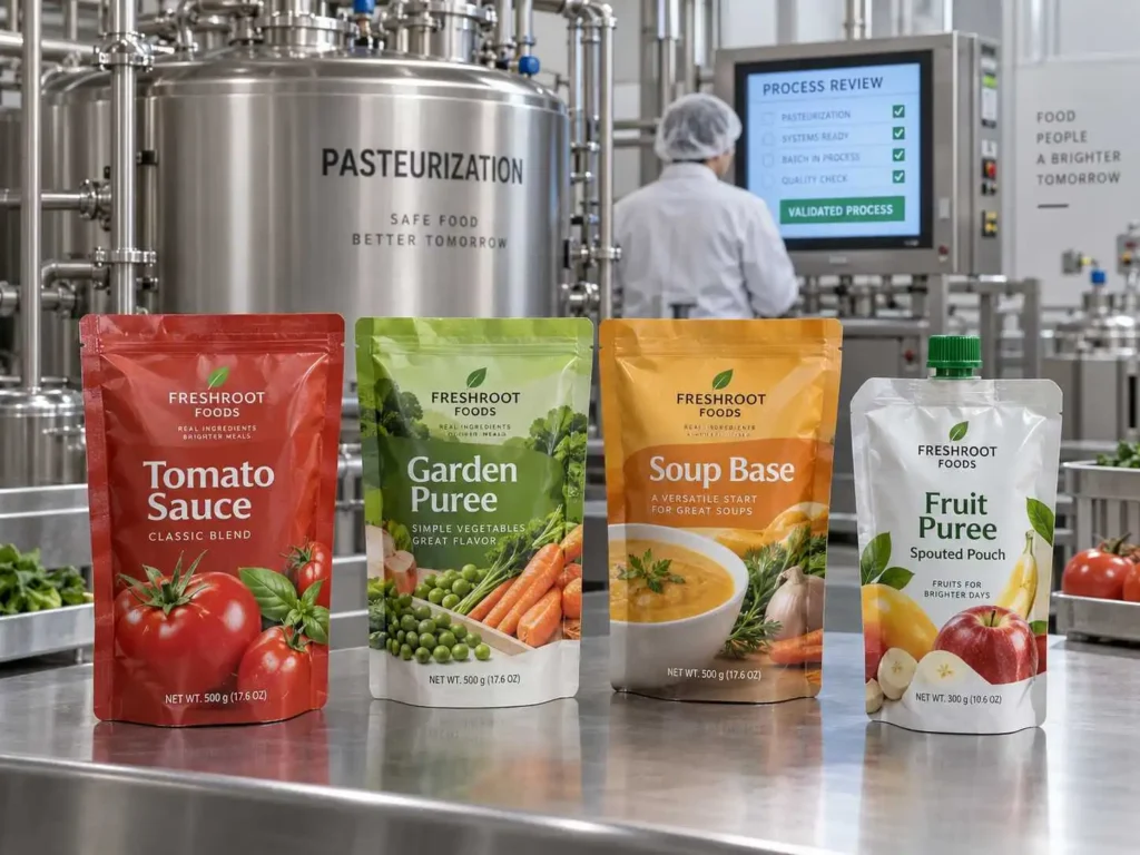 Illustrative tomato sauce, vegetable puree and fruit puree pouches beside a pasteurization vessel