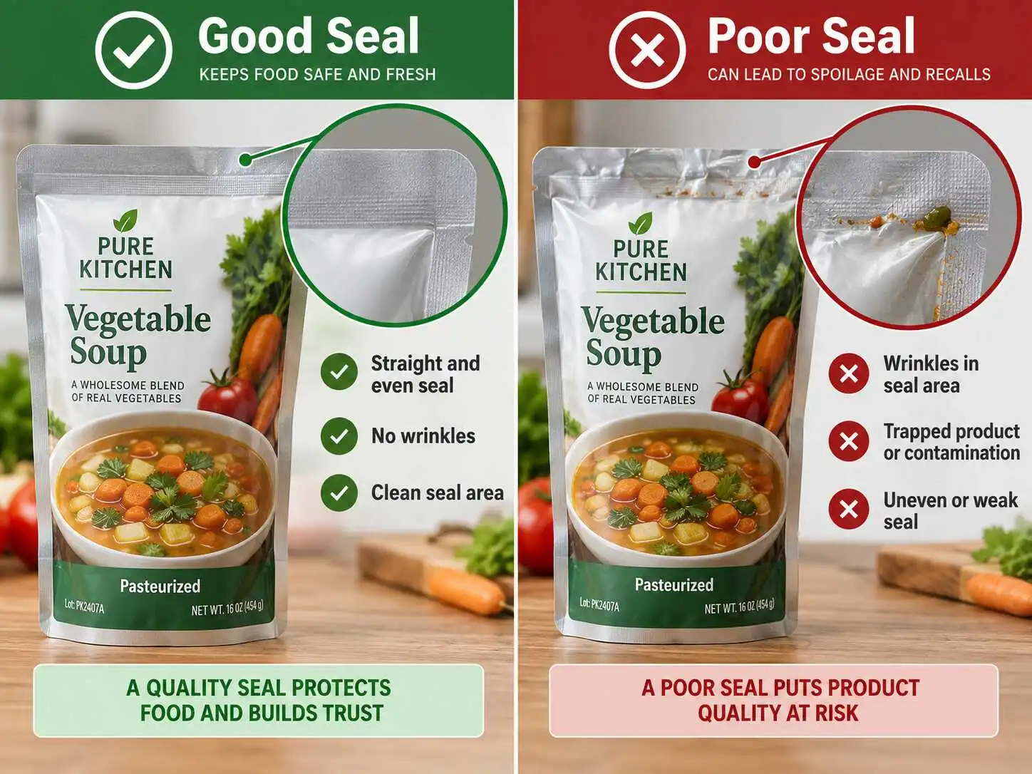 Illustrative comparison of a smooth clean pouch seal with wrinkles or product contamination near the seal