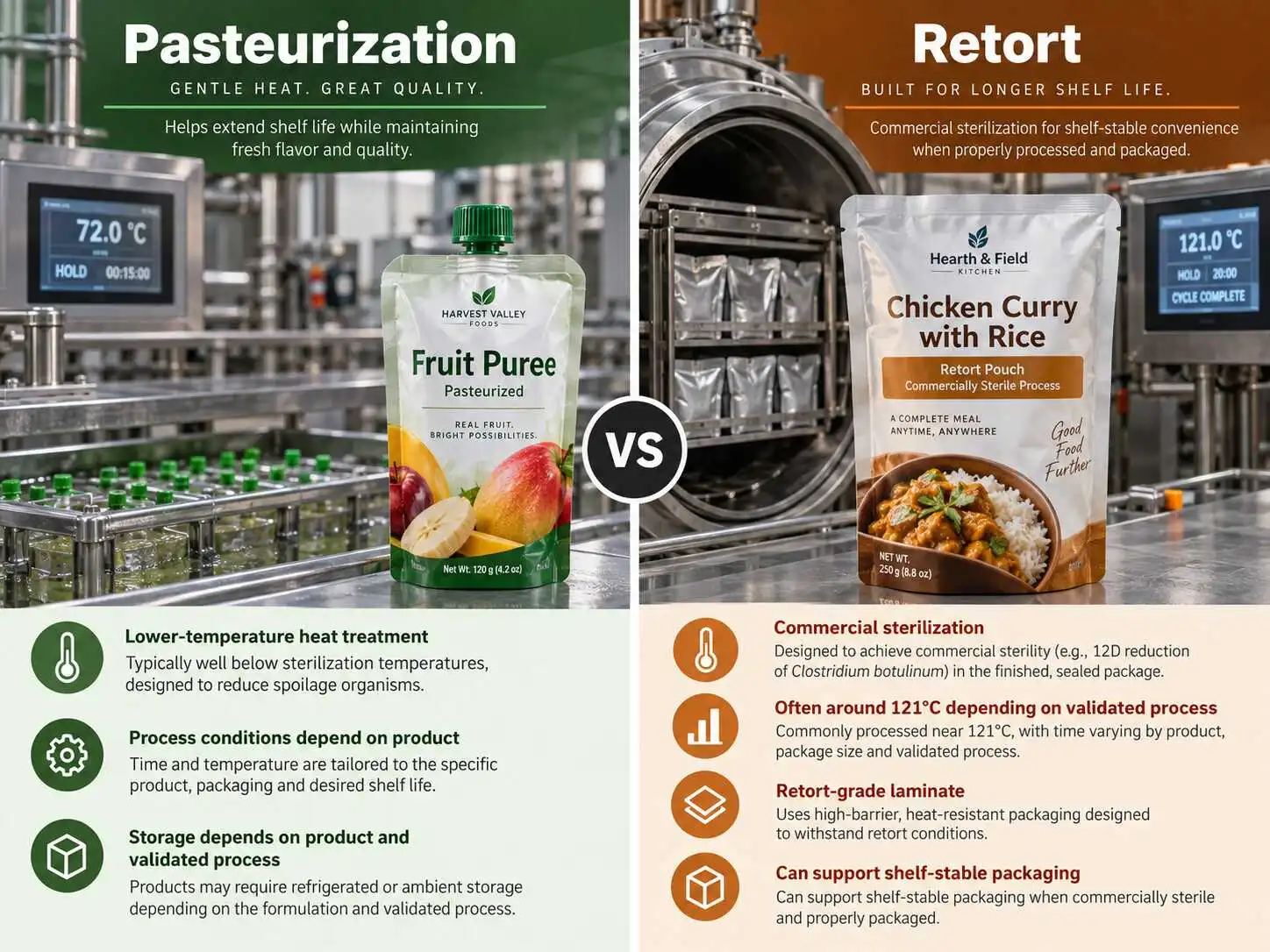 Illustrative comparison of pasteurization and retort packaging with a fruit puree pouch and a ready-meal pouch
