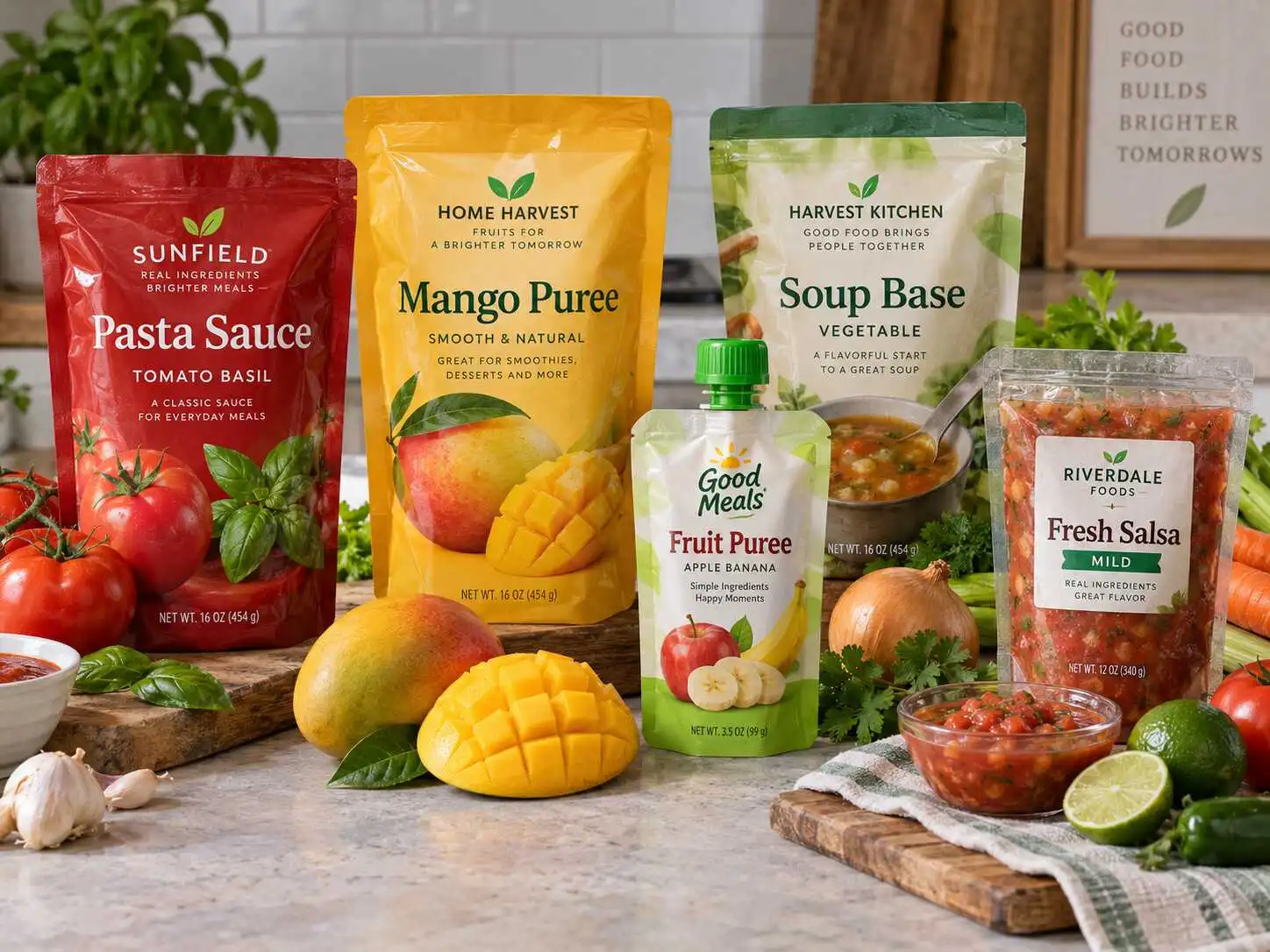 Illustrative food pouches for pasta sauce, mango puree, vegetable soup, fruit puree and salsa