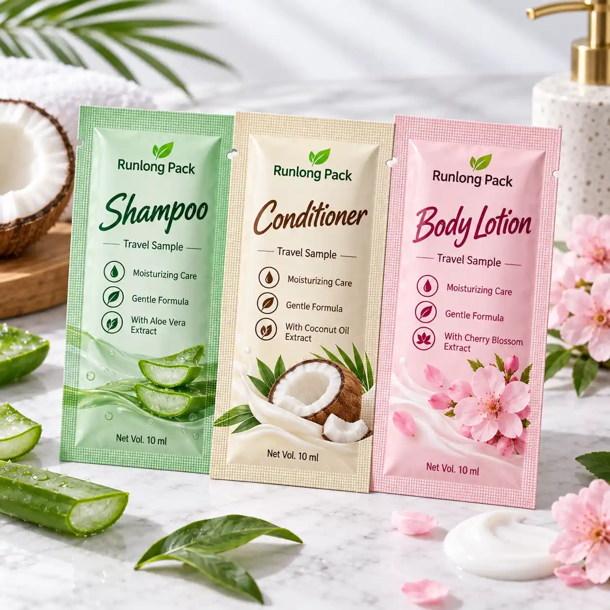 Travel sachets for shampoo, conditioner and body lotion