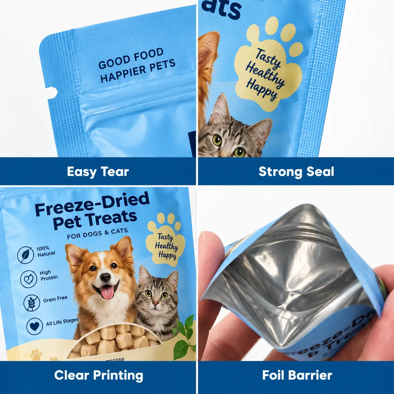Flexible packaging details showing easy tear, seal quality, printing and foil barrier