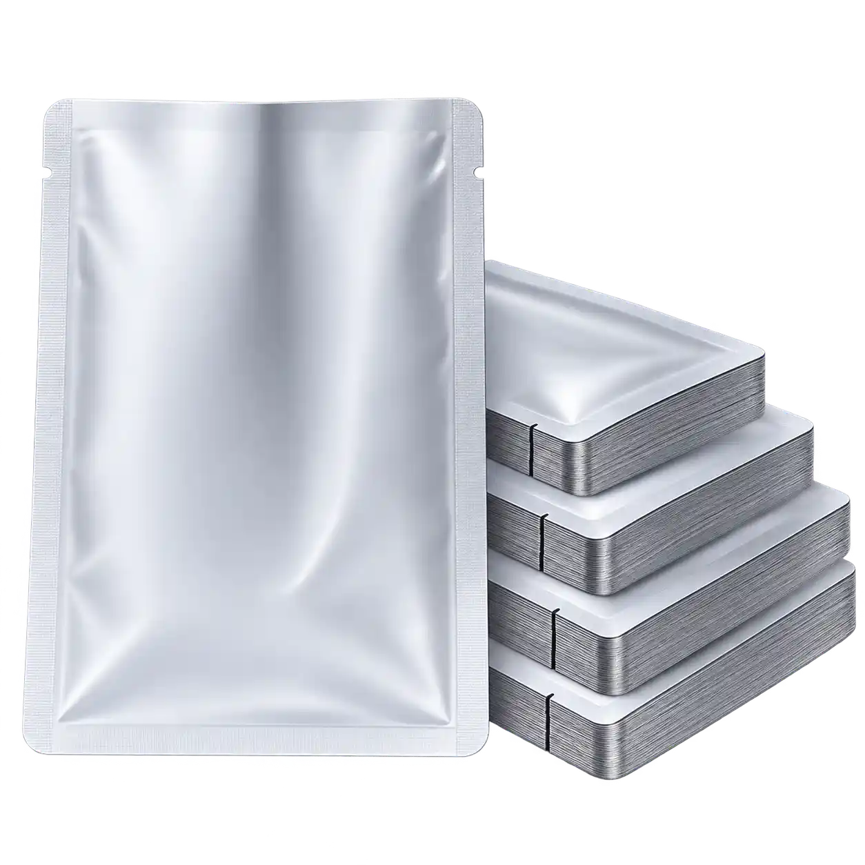 Silver aluminum three side seal pouch displayed beside stacks of matching flat pouches