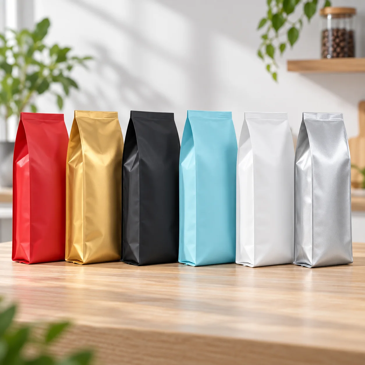 Six plain side gusset bags in red gold black blue white and silver finishes arranged on a tabletop
