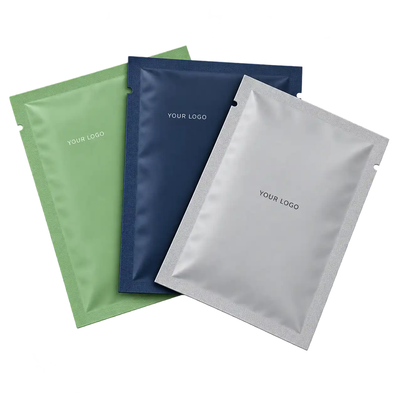 Green blue and silver plain three side seal sachets arranged together