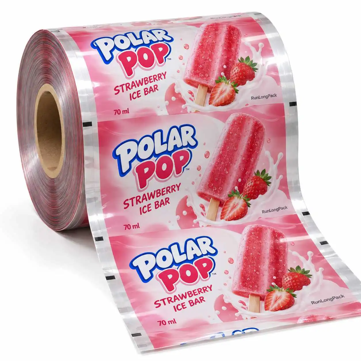 Pink printed popsicle rollstock concept with registration marks and repeating strawberry artwork