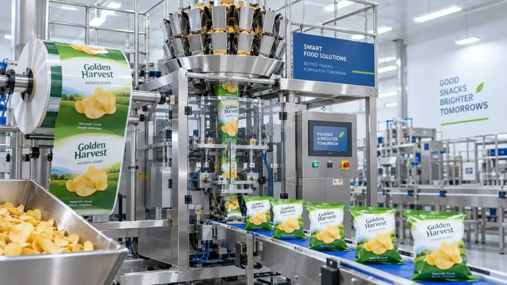 Potato chip automatic packaging line with multihead weigher, printed rollstock, VFFS machine and finished bags