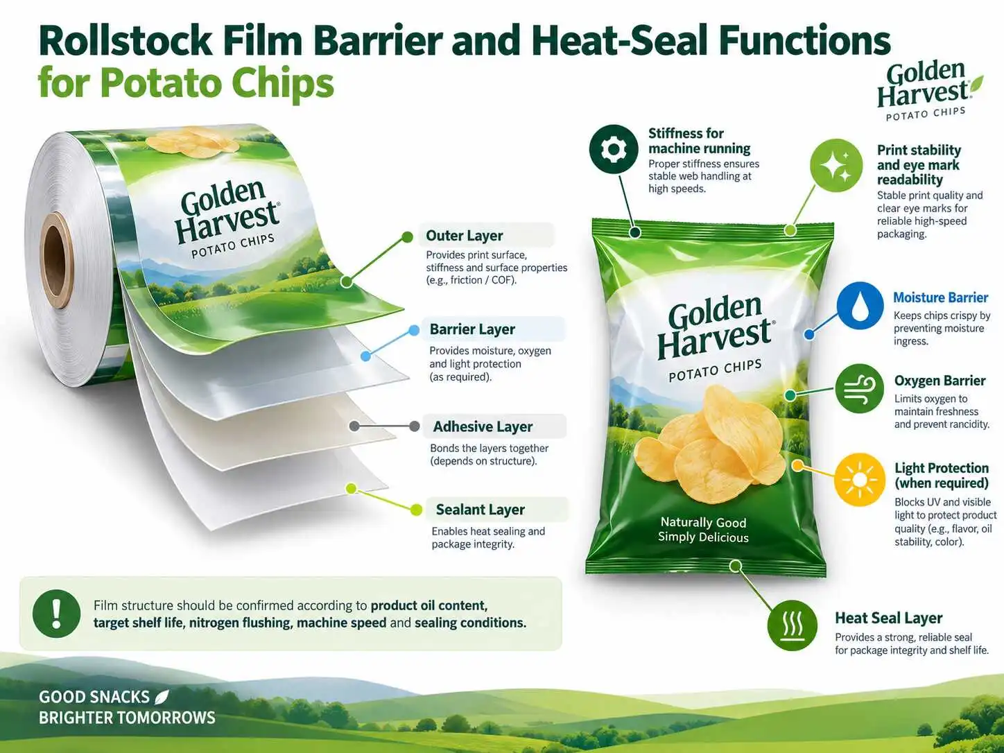 Potato chip rollstock layers and bag callouts for print, stiffness, moisture, oxygen, light and heat sealing