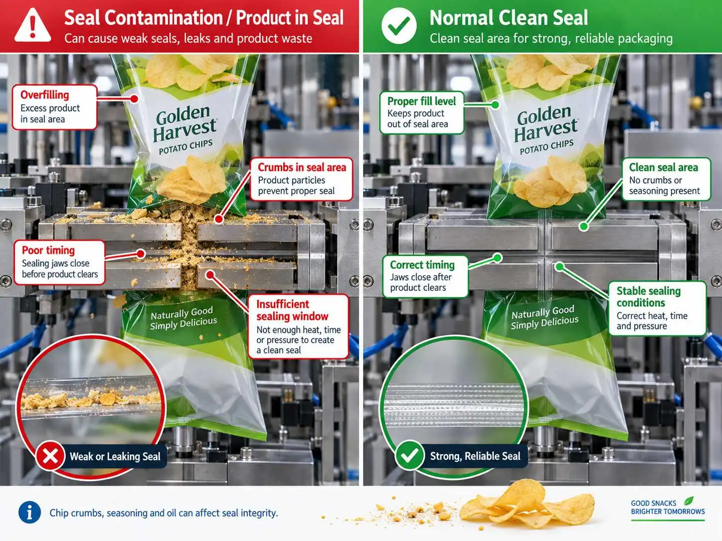 Side-by-side VFFS comparison of potato chip crumbs in the seal area and a clean horizontal seal