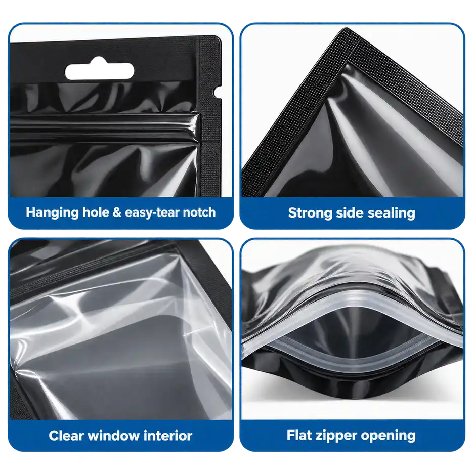 Close-up views of pouch details including hanging hole tear notch side seal clear interior and zipper opening