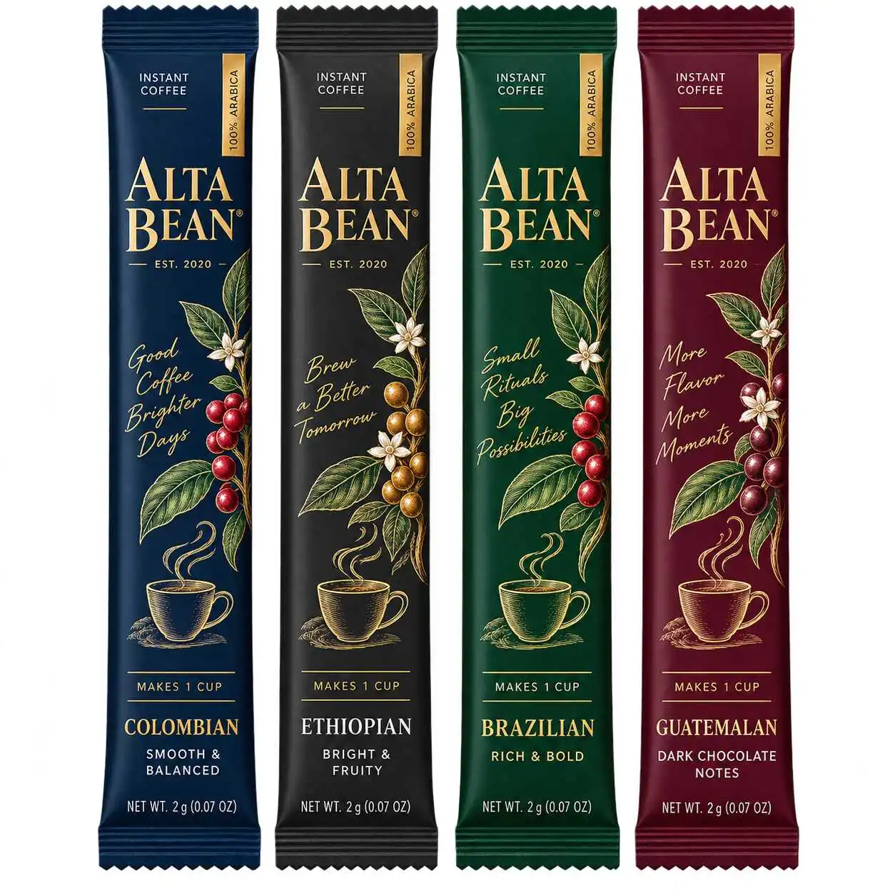 Premium coffee stick pack packaging in four printed color variations