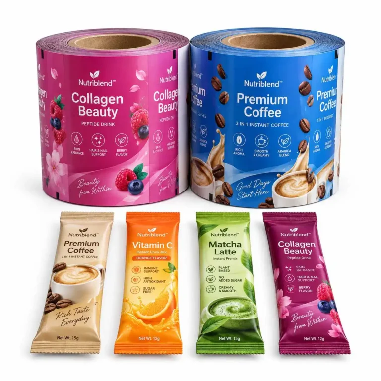 Printed rollstock film displayed with finished single-serve stick packs