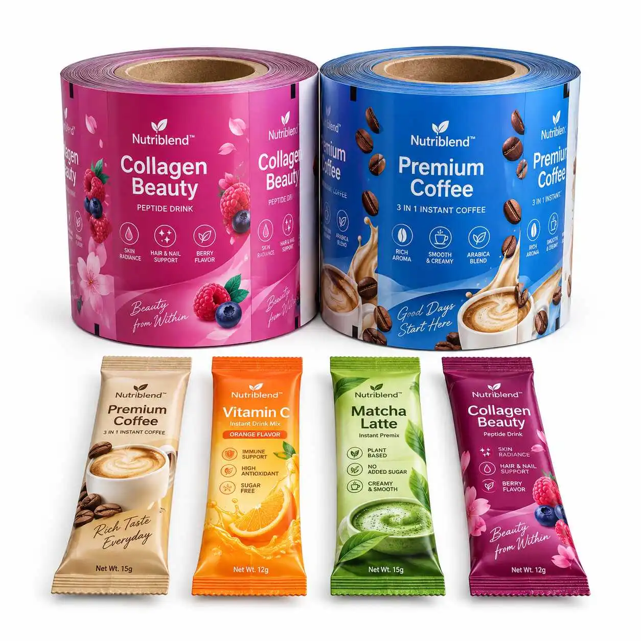 Printed rollstock film displayed with finished single-serve stick packs