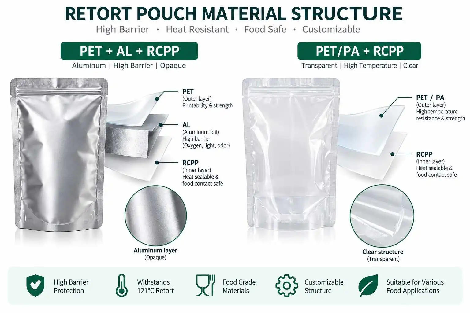 Retort pouch material structures comparing opaque PET AL RCPP and transparent PET PA RCPP packaging